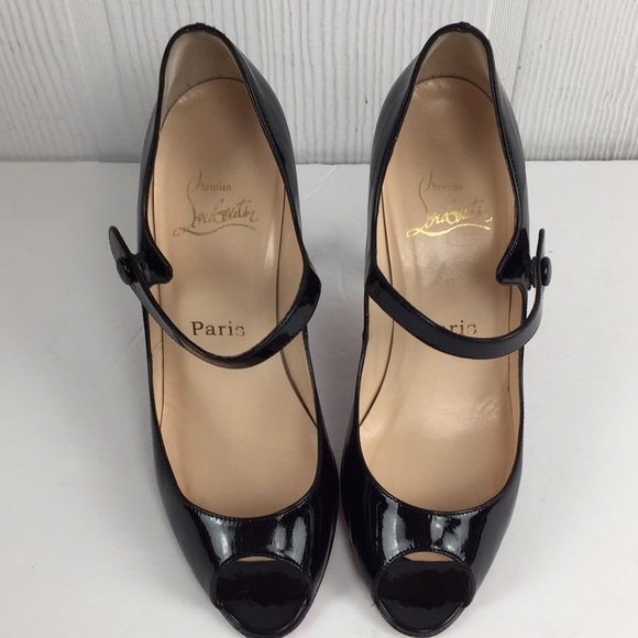 Louboutin Patent Black Mary Jane Peep Toe Heels 7 - Picture 2 of 8